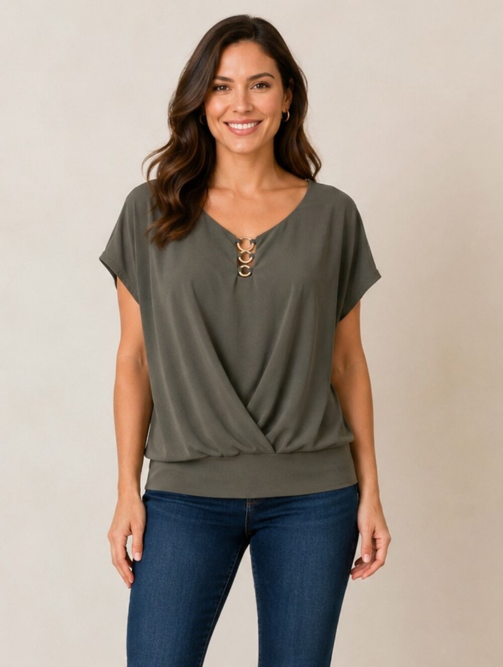 Women’s Olive Green Ring Detail Blouson Top Size L 12–14